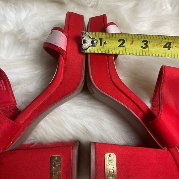 Juicy Couture Glisten fabric Red and white platform ankle strap  heels SZ8.5 M - Picture 10 of 14